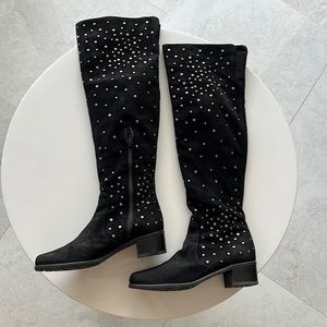 Stuart Weitzman over the knee suede studded black boots made in Spain